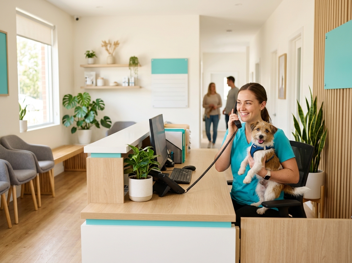 Veterinary receptionist holding a dog on a call