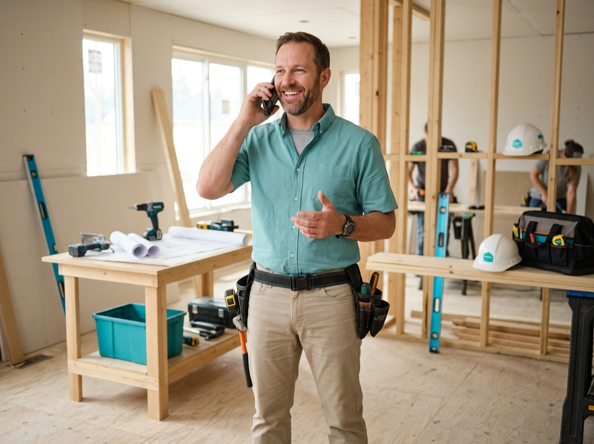Contractor on a call at a job site